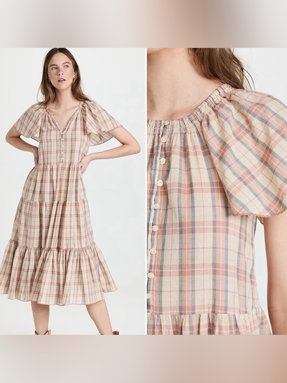 THE GREAT. Iris Dress Plaid Tiered Midi Dress